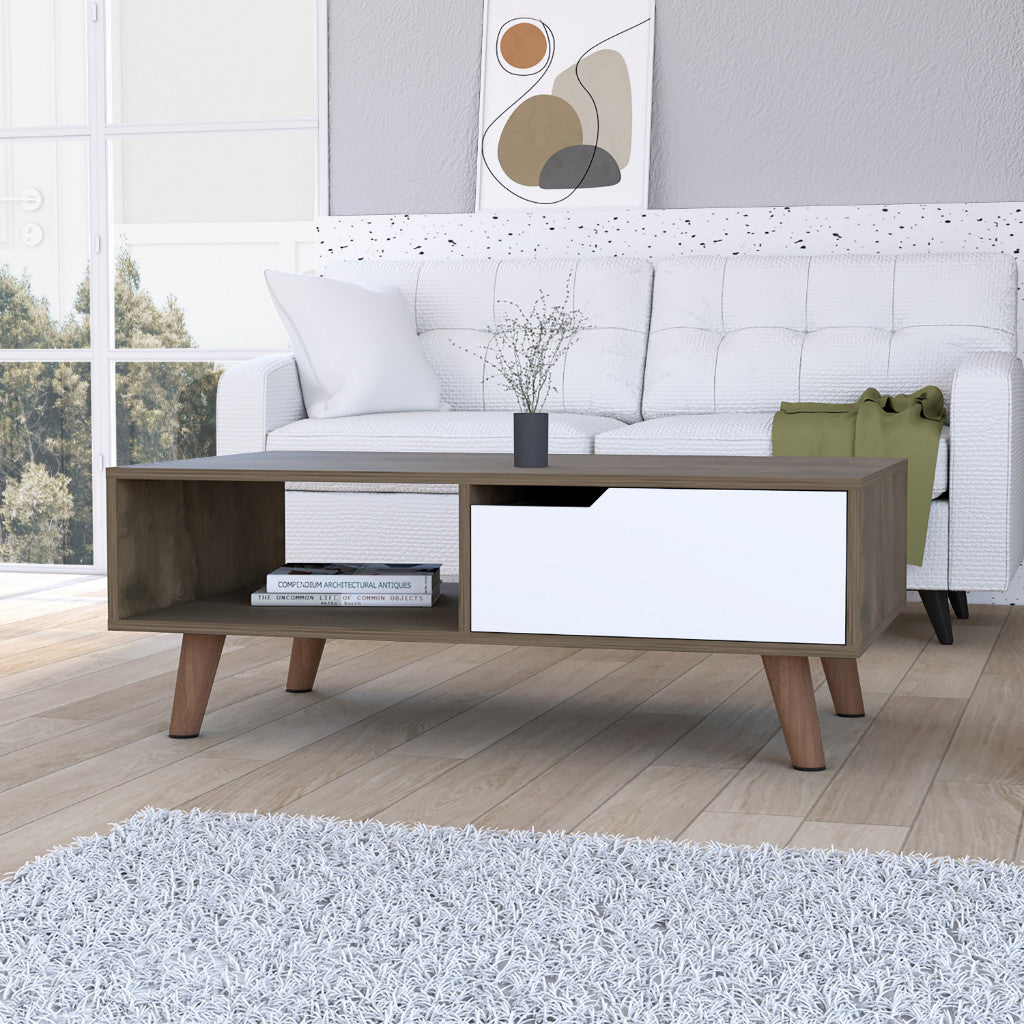 40" Brown And Brown and White Wood Coffee Table With Drawer And Shelf