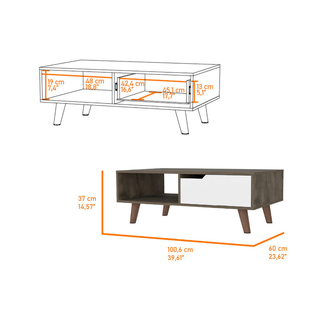 40" Brown And Brown and White Wood Coffee Table With Drawer And Shelf