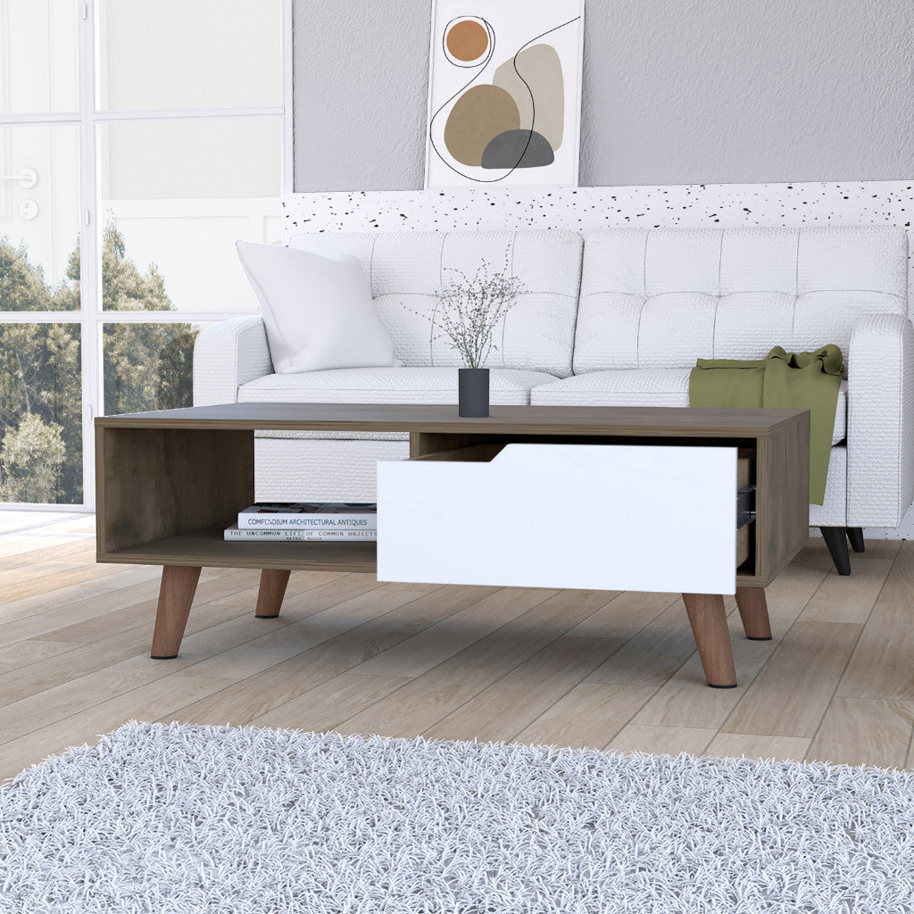 40" Brown And Brown and White Wood Coffee Table With Drawer And Shelf