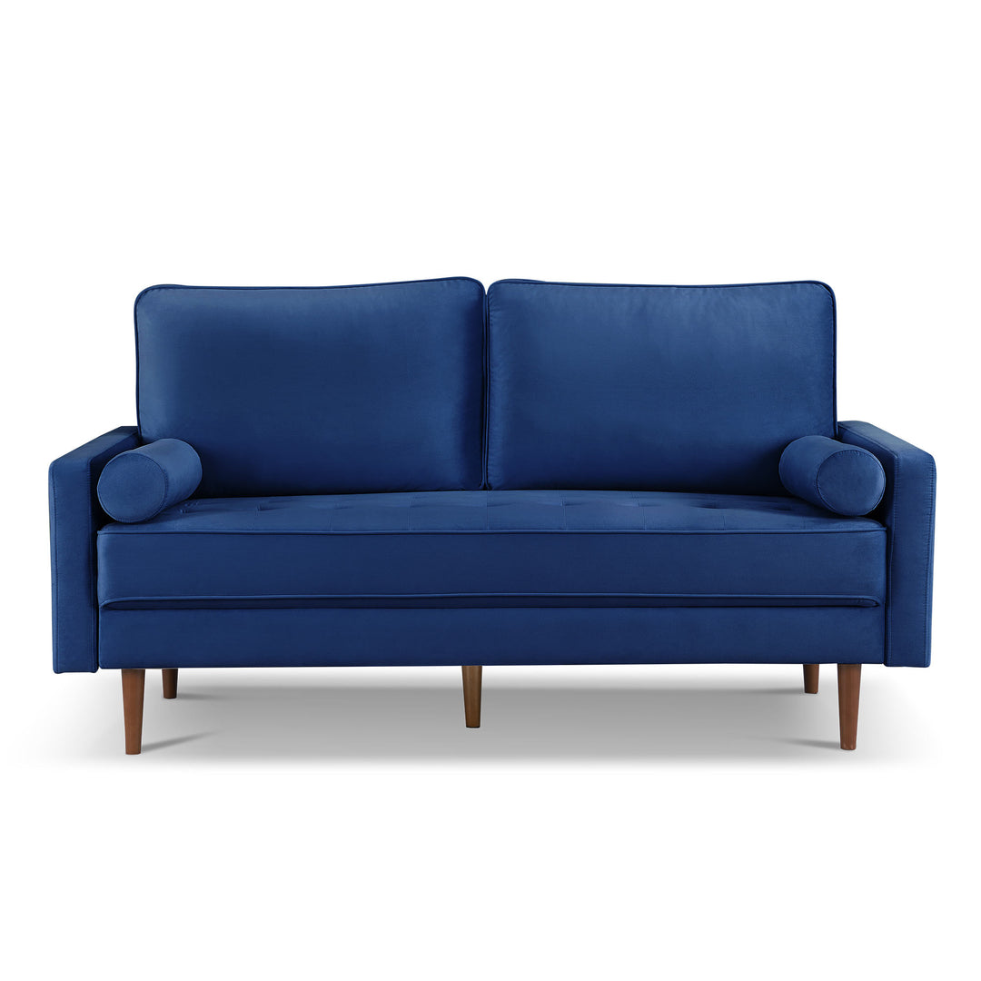 69" Blue Velvet Sofa And Toss Pillows With Dark Brown Legs