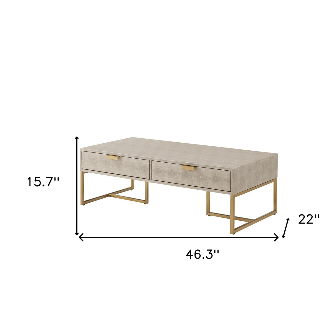 46" Cream and Gold Coffee Table with Two Drawers