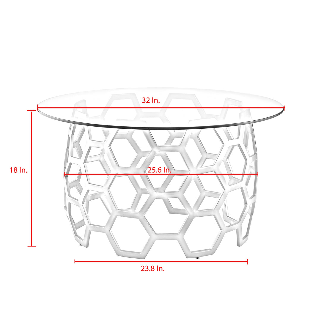 32" Clear And Silver Glass And Iron Round Coffee Table