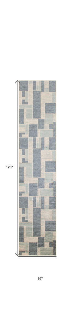 10' Runner Blue and Ivory Geometric Power Loom Washable Runner Rug