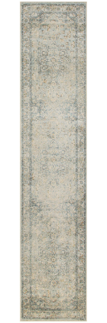 10' Runner Blue and Ivory Floral Medallion Power Loom Distressed Washable Runner Rug