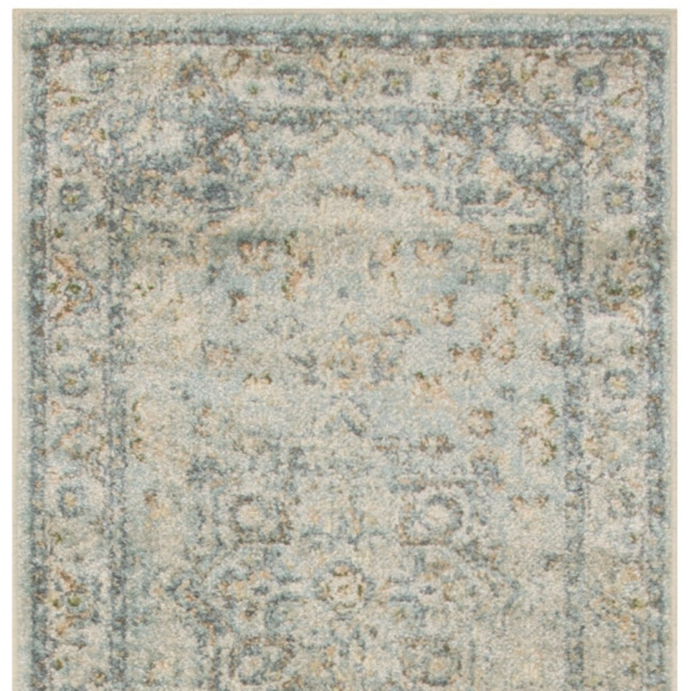 10' Runner Blue and Ivory Floral Medallion Power Loom Distressed Washable Runner Rug