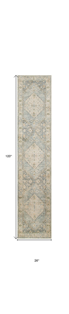 10' Runner Blue and Silver Floral Medallion Power Loom Distressed Washable Runner Rug