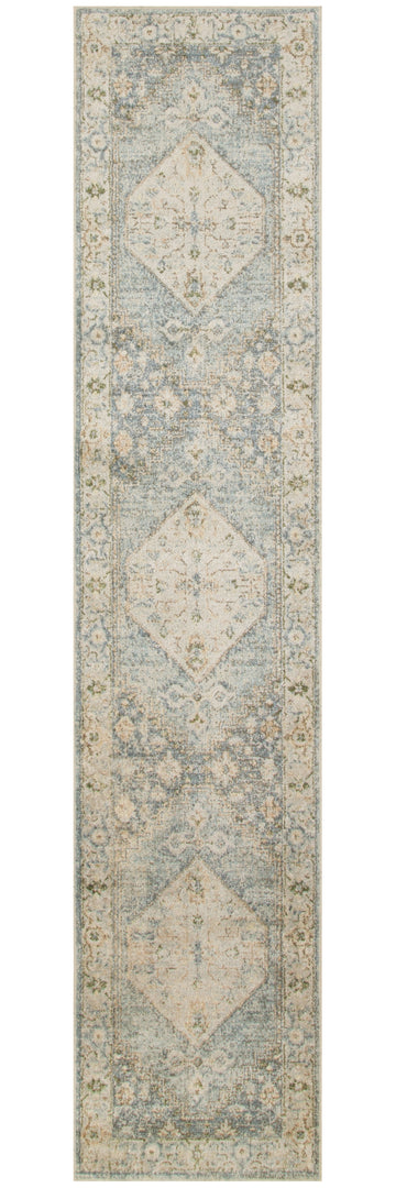 10' Runner Blue and Silver Floral Medallion Power Loom Distressed Washable Runner Rug