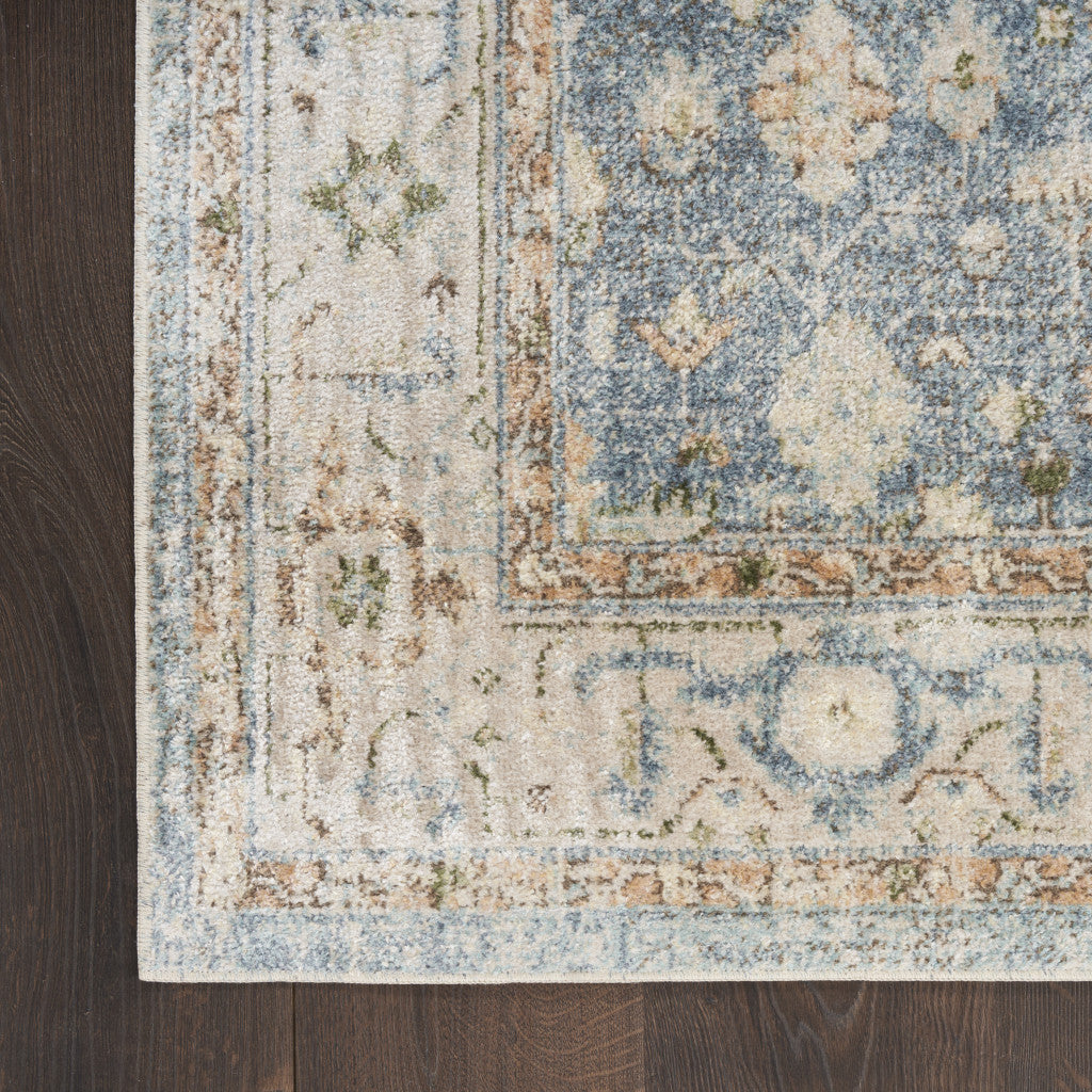 10' Runner Blue and Silver Floral Medallion Power Loom Distressed Washable Runner Rug