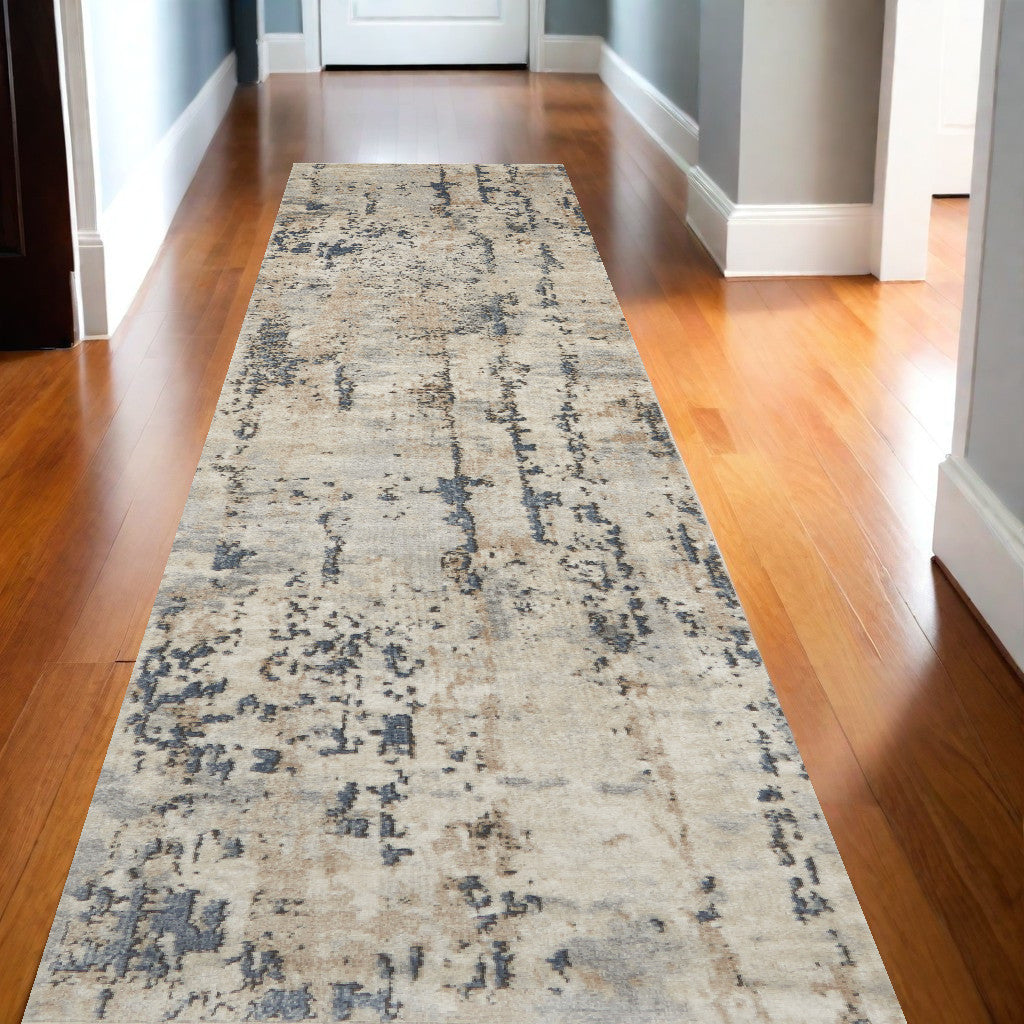 16' Runner Beige and Gray Abstract Power Loom Runner Rug