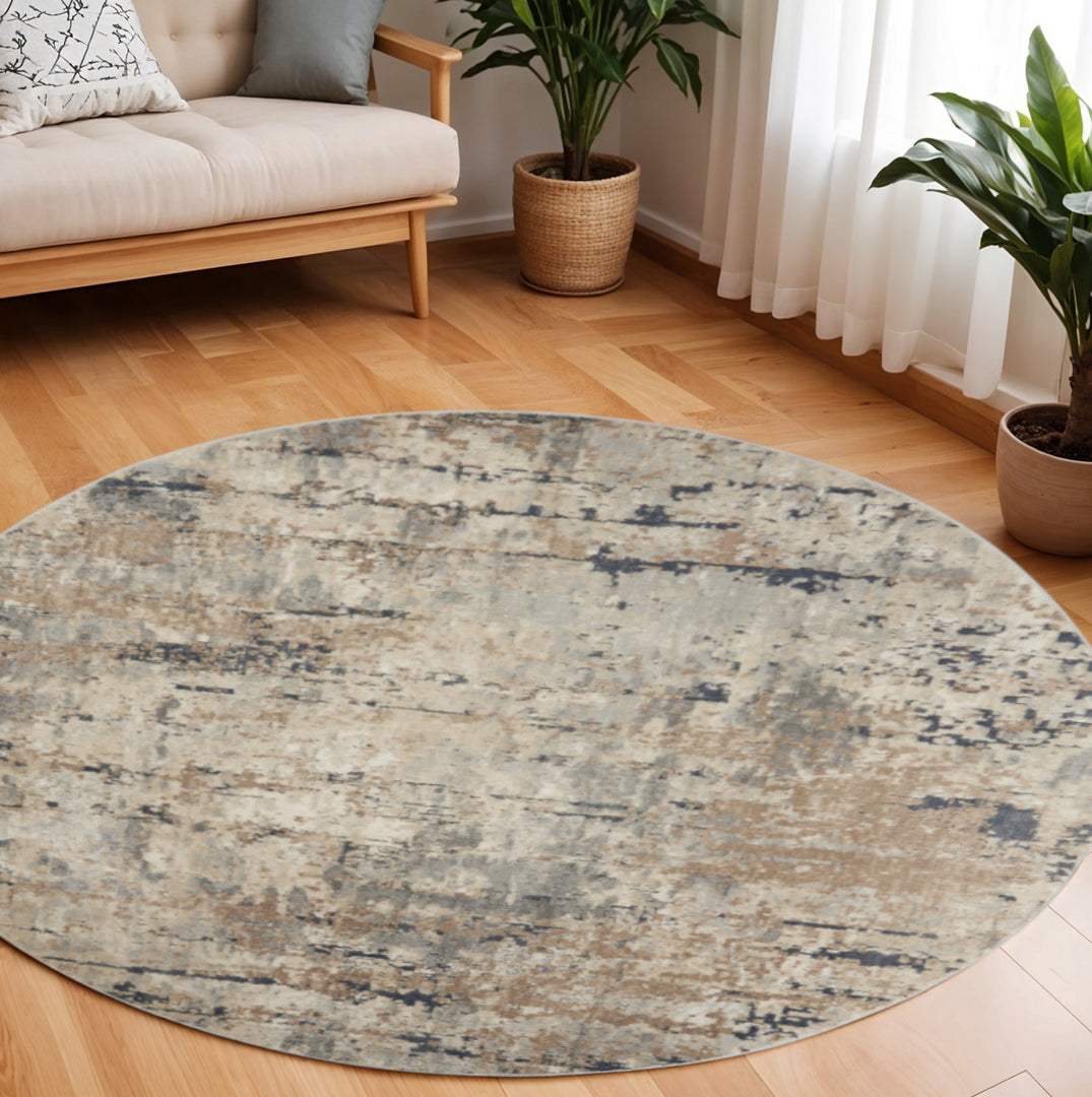 10' Beige and Gray Round Abstract Power Loom Area Rug