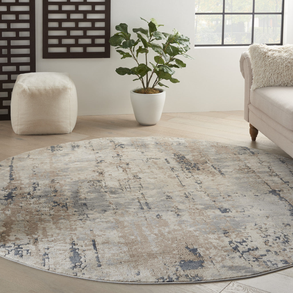 10' Beige and Gray Round Abstract Power Loom Area Rug