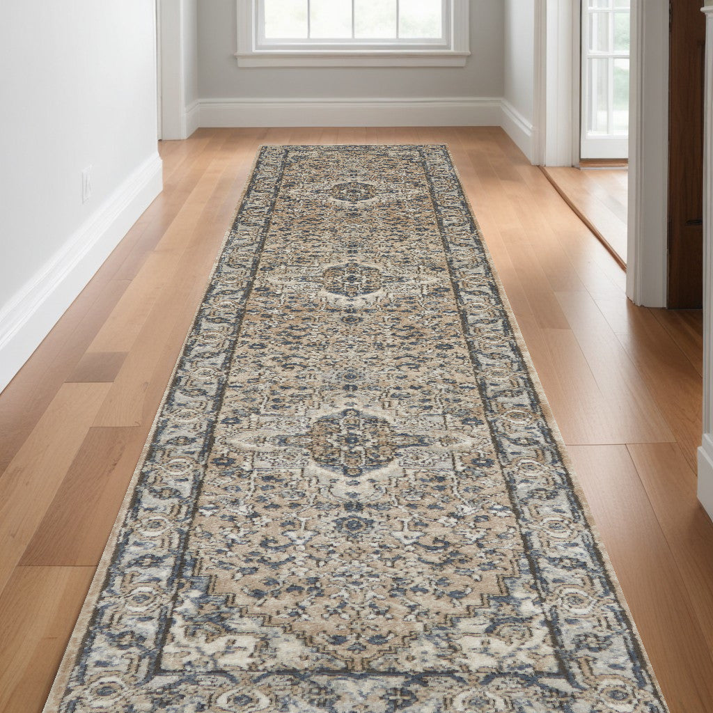 16' Runner Beige and Gray Medallion Power Loom Distressed Runner Rug