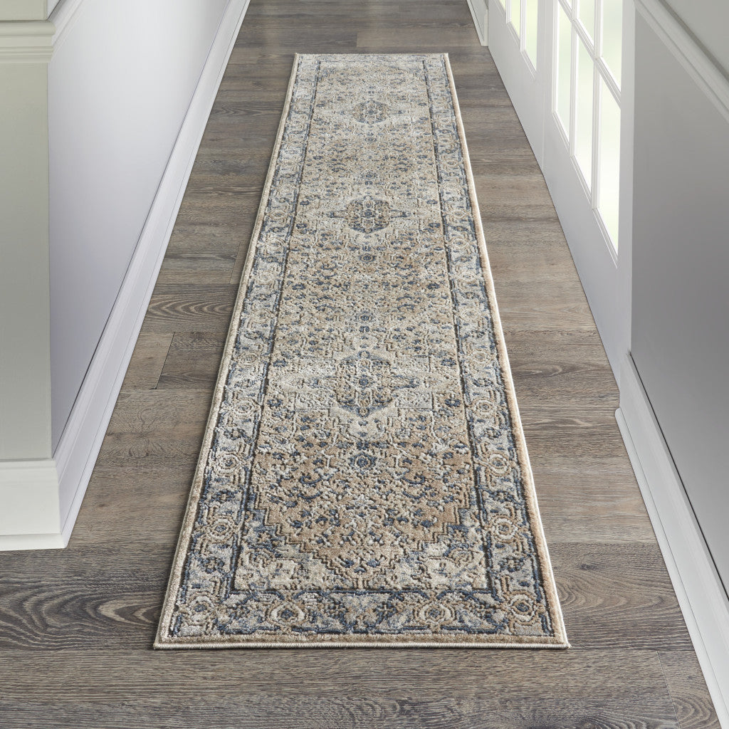 16' Runner Beige and Gray Medallion Power Loom Distressed Runner Rug