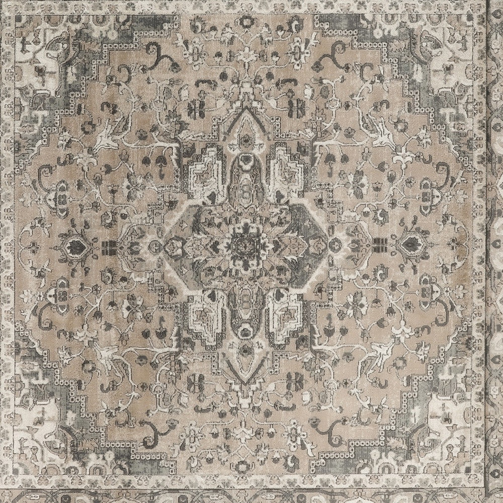 10' Beige and Gray Square Medallion Power Loom Distressed Area Rug