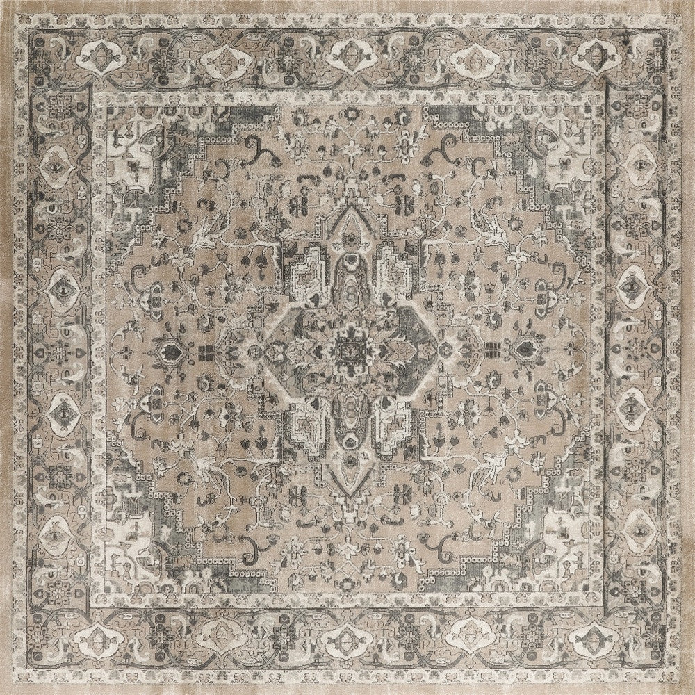 10' Beige and Gray Square Medallion Power Loom Distressed Area Rug