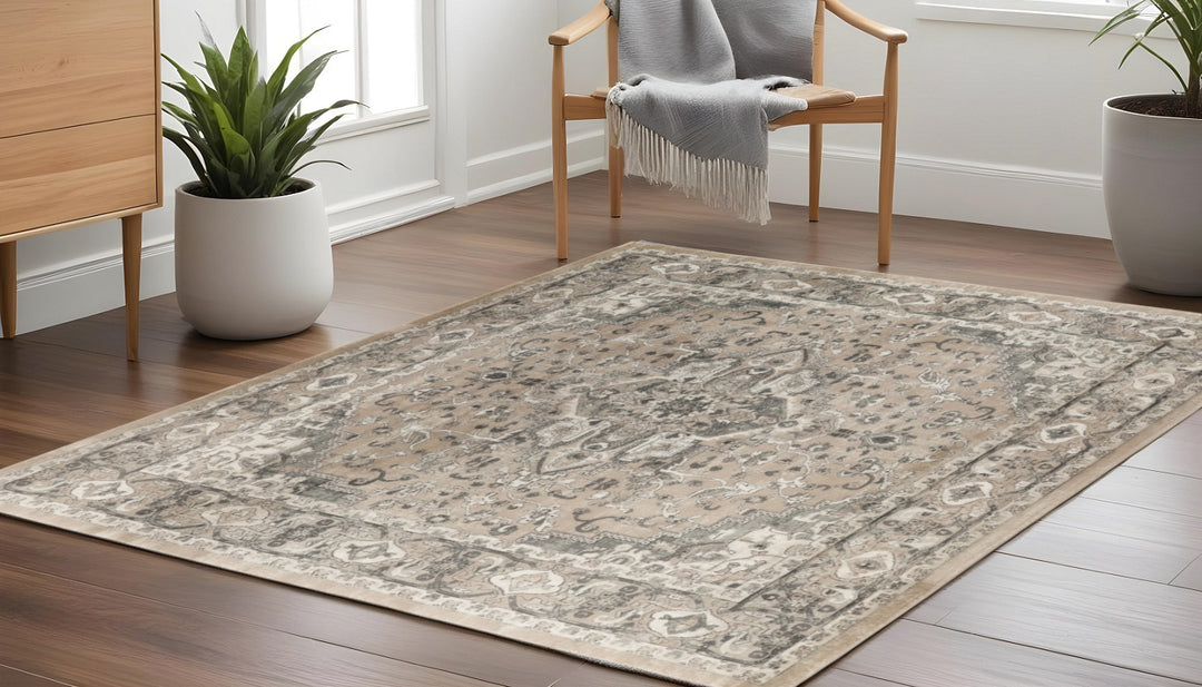 10' Beige and Gray Square Medallion Power Loom Distressed Area Rug