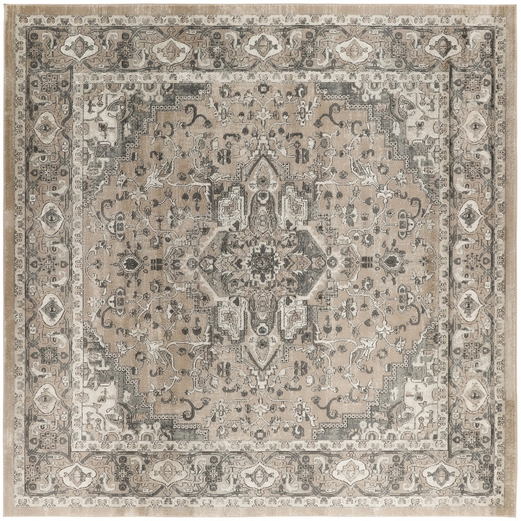 10' Beige and Gray Square Medallion Power Loom Distressed Area Rug