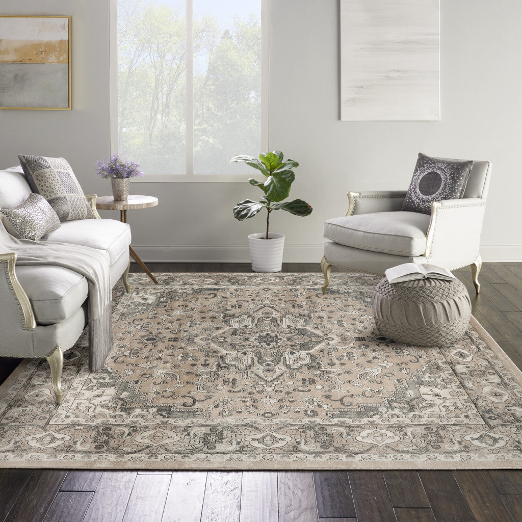 10' Beige and Gray Square Medallion Power Loom Distressed Area Rug