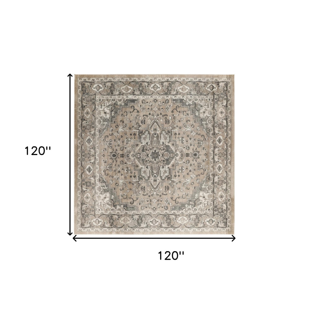 10' Beige and Gray Square Medallion Power Loom Distressed Area Rug