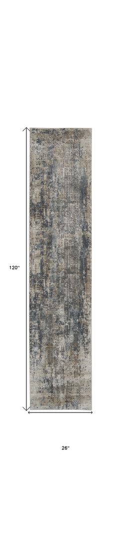 10' Runner Beige and Blue Abstract Power Loom Distressed Runner Rug