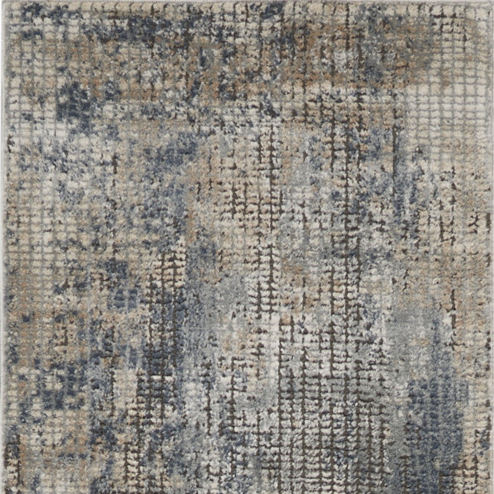 10' Runner Beige and Blue Abstract Power Loom Distressed Runner Rug