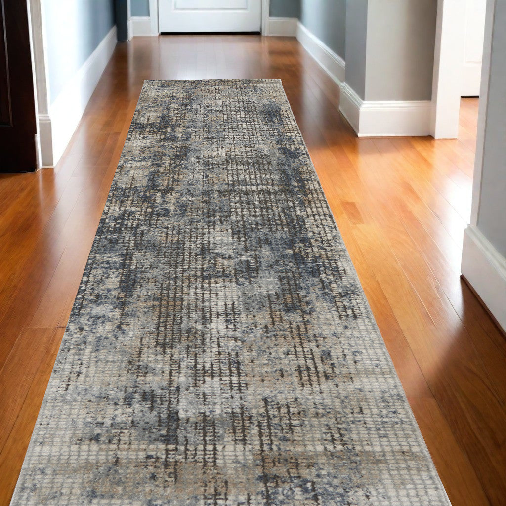 10' Runner Beige and Blue Abstract Power Loom Distressed Runner Rug