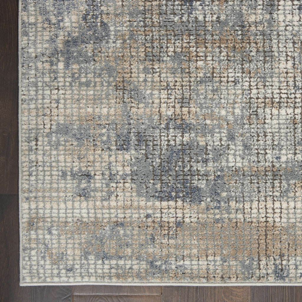 10' Runner Beige and Blue Abstract Power Loom Distressed Runner Rug