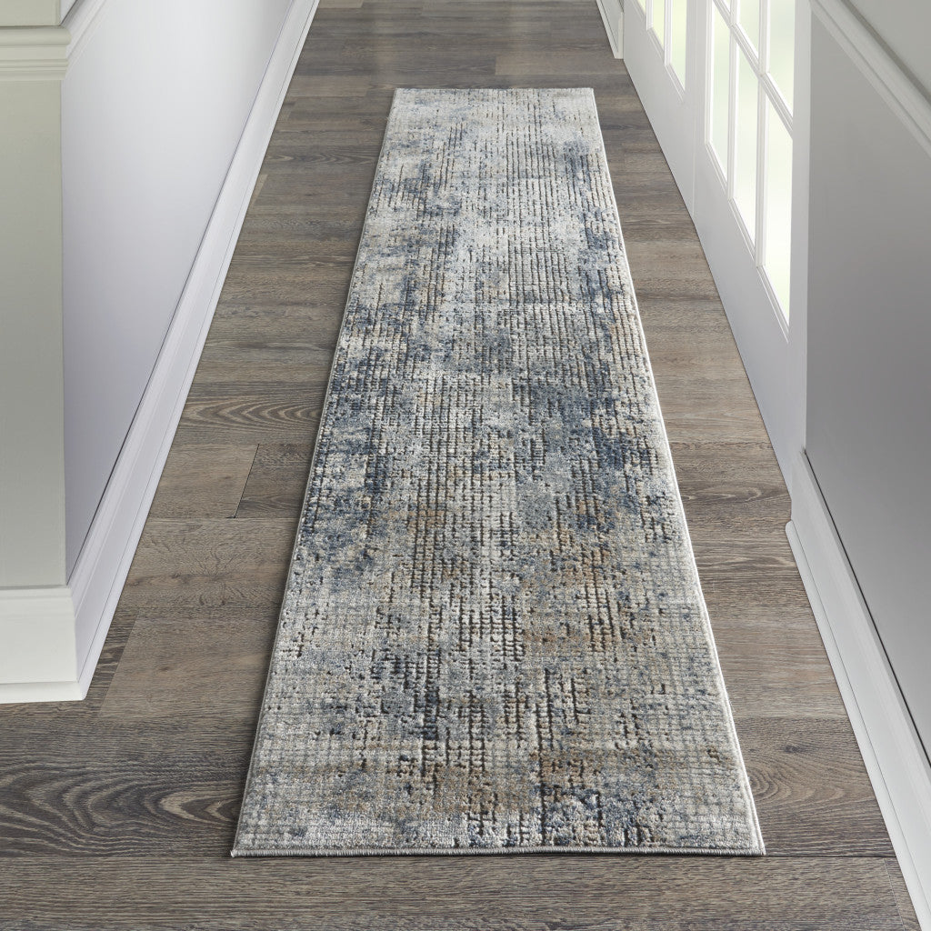 10' Runner Beige and Blue Abstract Power Loom Distressed Runner Rug