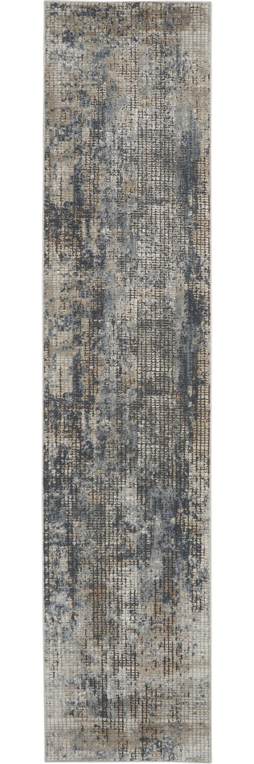 10' Runner Beige and Blue Abstract Power Loom Distressed Runner Rug