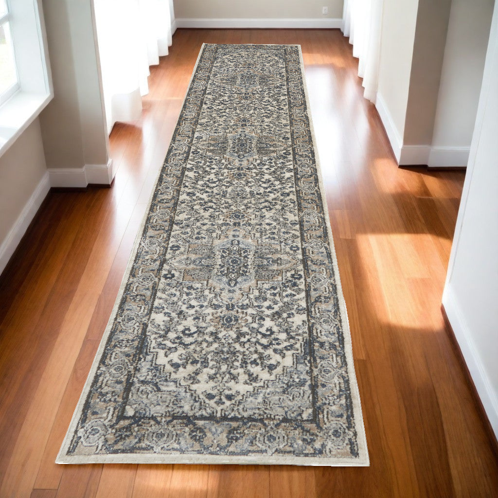 16' Runner Gray and Ivory Medallion Power Loom Distressed Runner Rug