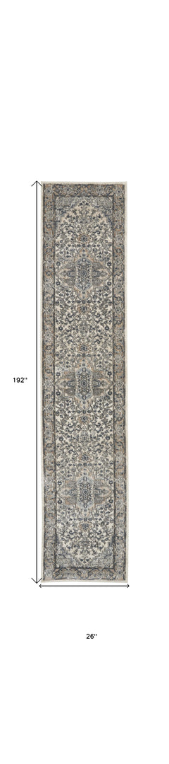 16' Runner Gray and Ivory Medallion Power Loom Distressed Runner Rug