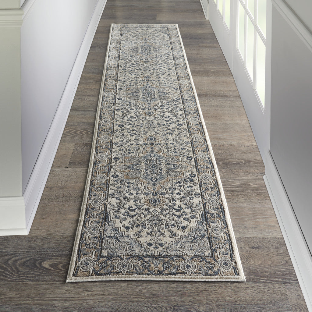 16' Runner Gray and Ivory Medallion Power Loom Distressed Runner Rug