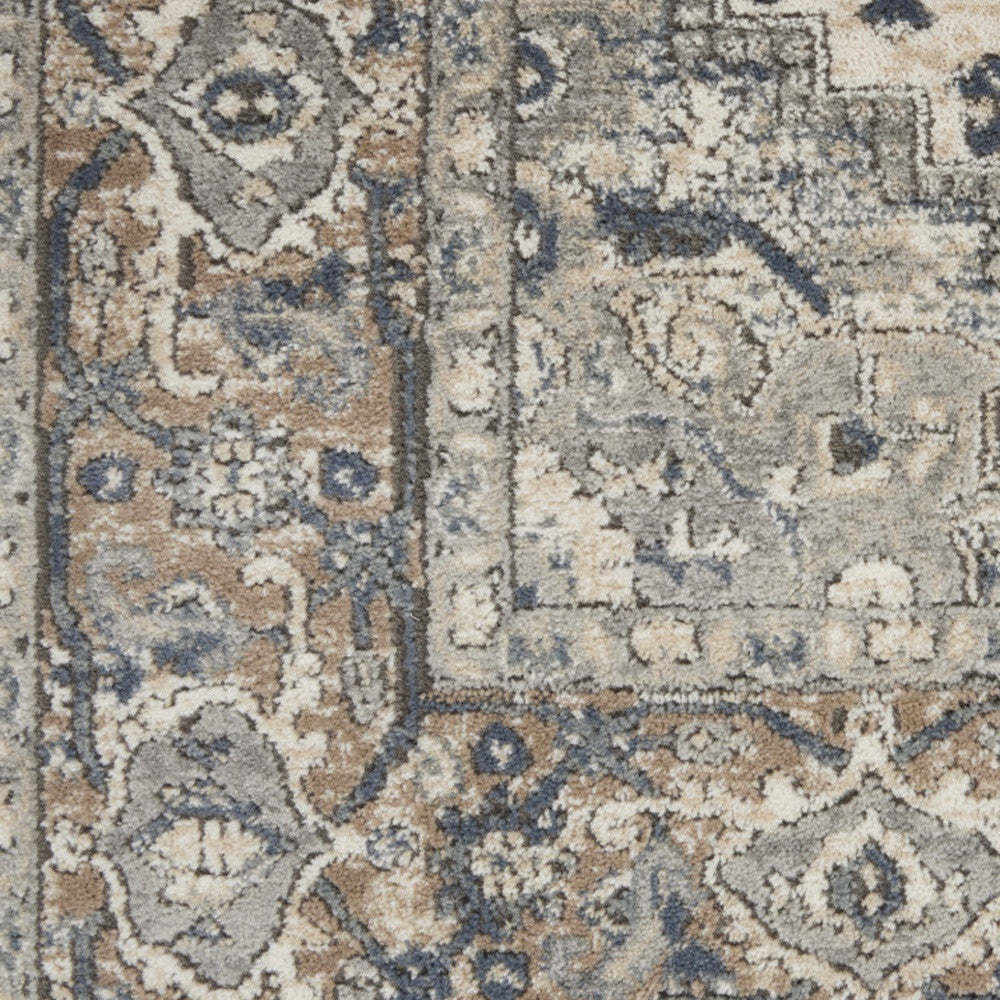 16' Runner Gray and Ivory Medallion Power Loom Distressed Runner Rug