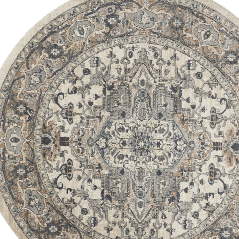 10' Gray and Ivory Round Medallion Power Loom Distressed Area Rug