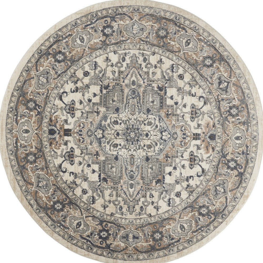 10' Gray and Ivory Round Medallion Power Loom Distressed Area Rug