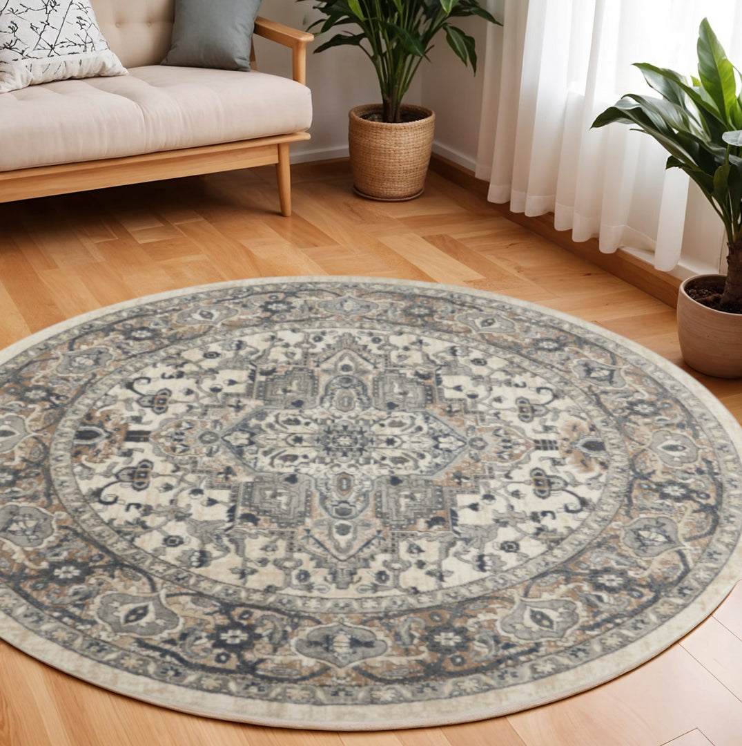 10' Gray and Ivory Round Medallion Power Loom Distressed Area Rug