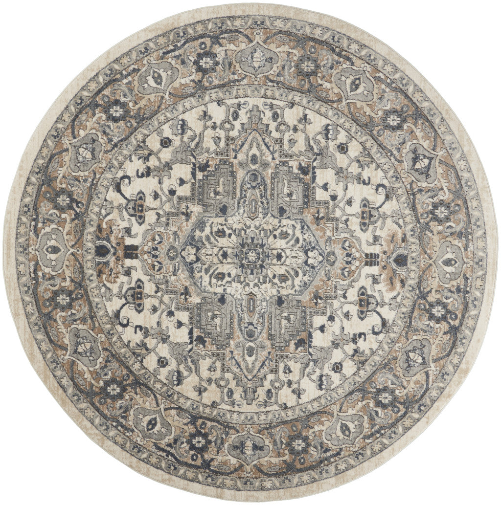 10' Gray and Ivory Round Medallion Power Loom Distressed Area Rug