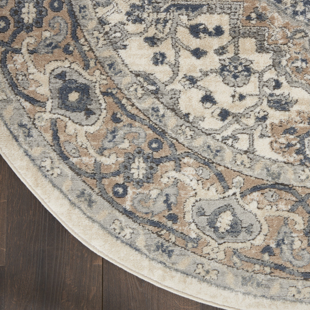 10' Gray and Ivory Round Medallion Power Loom Distressed Area Rug