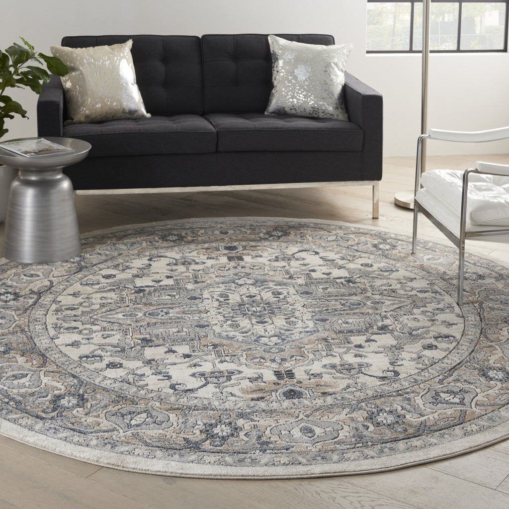 10' Gray and Ivory Round Medallion Power Loom Distressed Area Rug