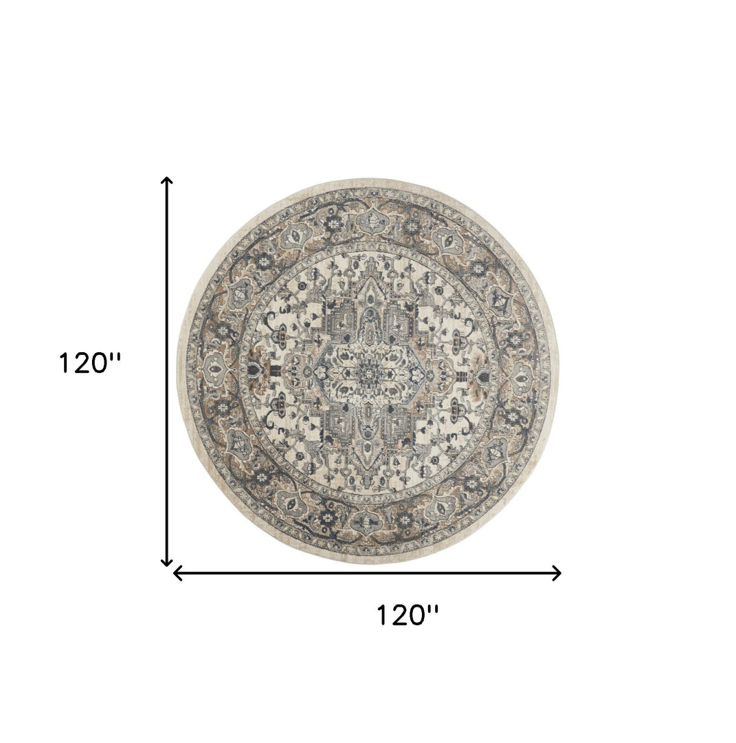 10' Gray and Ivory Round Medallion Power Loom Distressed Area Rug