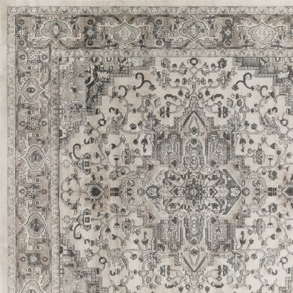 10' Gray and Ivory Square Medallion Power Loom Distressed Area Rug