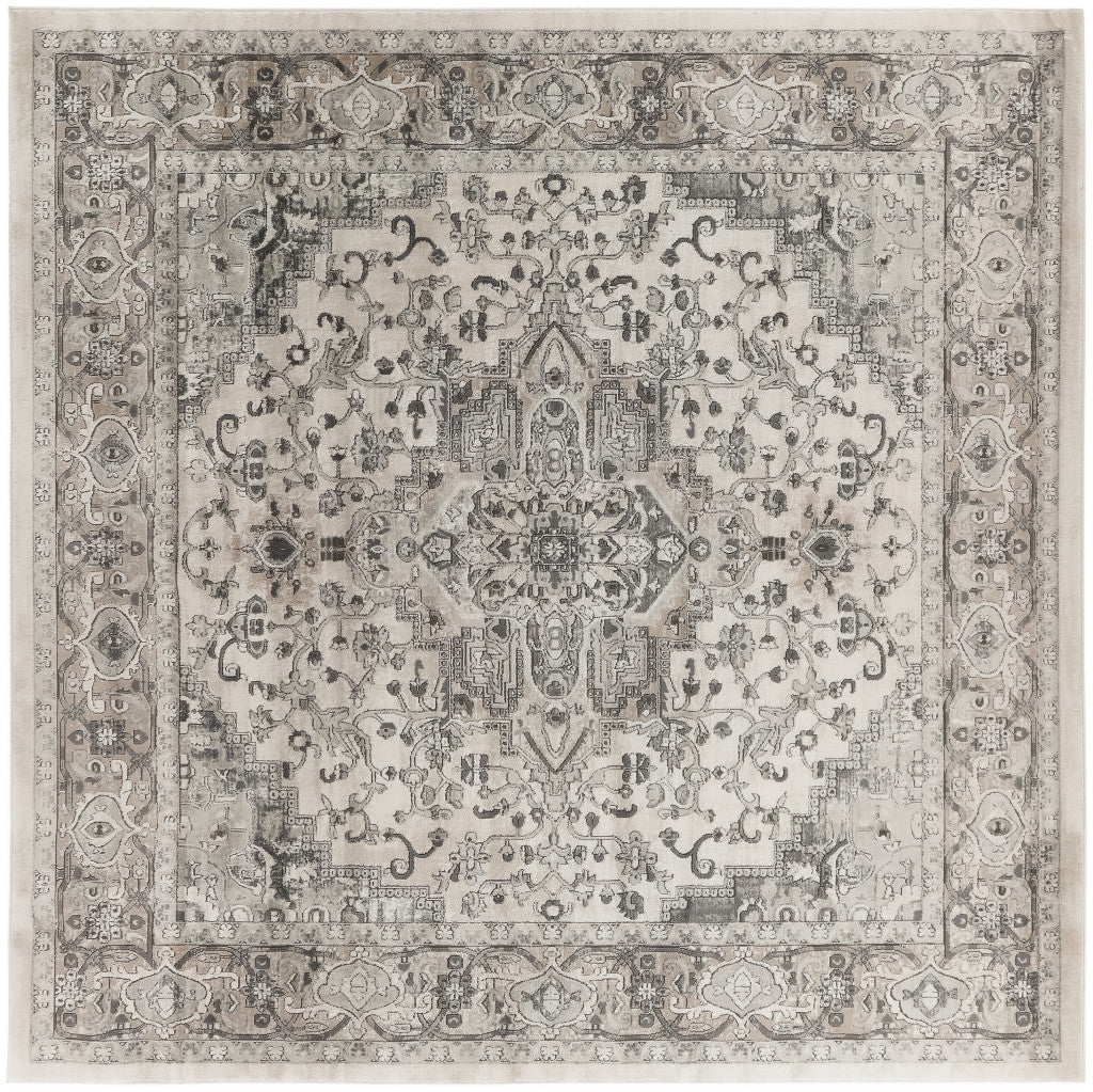 10' Gray and Ivory Square Medallion Power Loom Distressed Area Rug