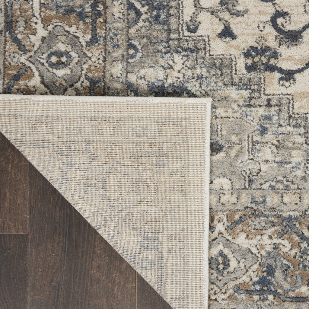 10' Gray and Ivory Square Medallion Power Loom Distressed Area Rug