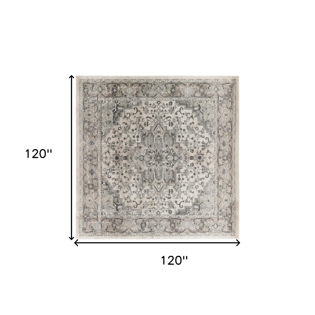 10' Gray and Ivory Square Medallion Power Loom Distressed Area Rug