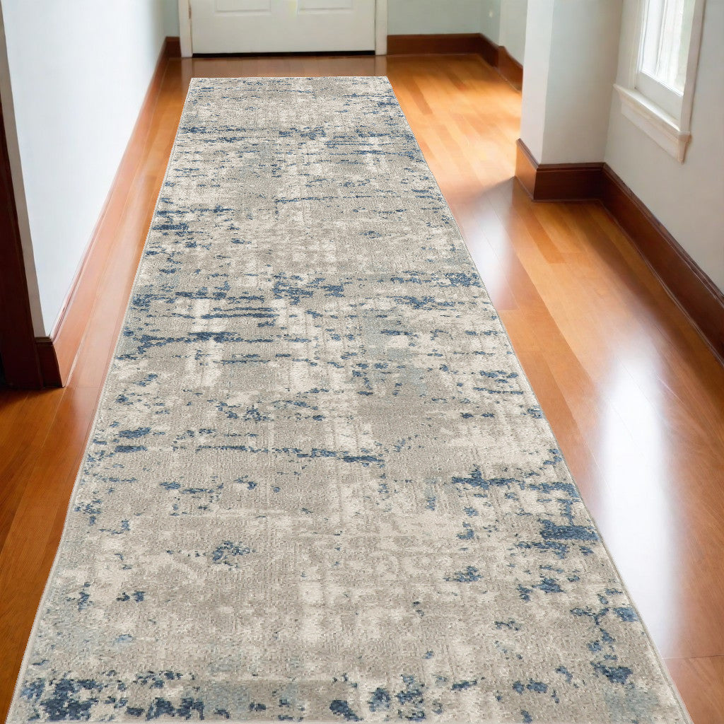 16' Runner Gray and Ivory Abstract Power Loom Runner Rug