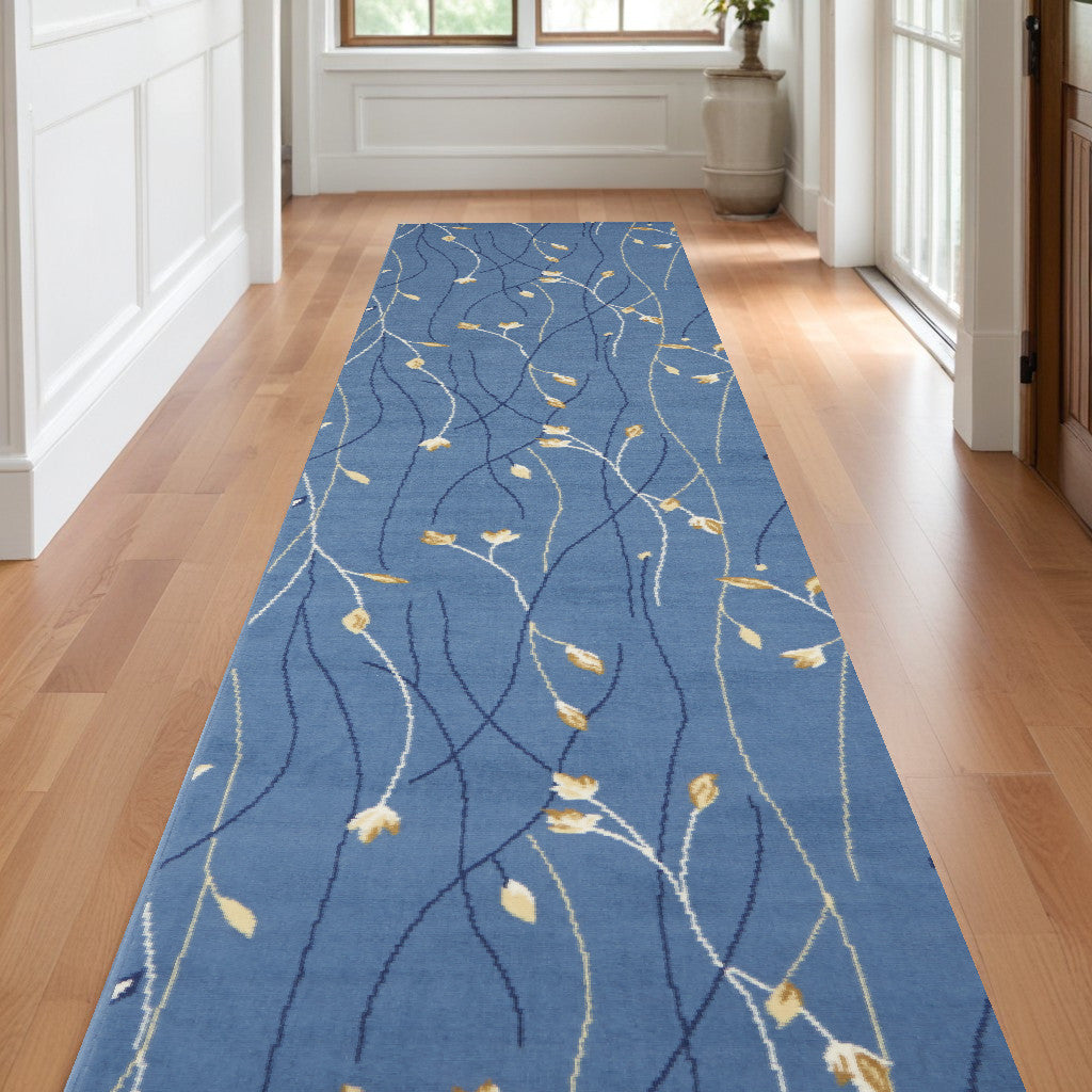 12' Runner Blue and Ivory Floral Vines Power Loom Runner Rug