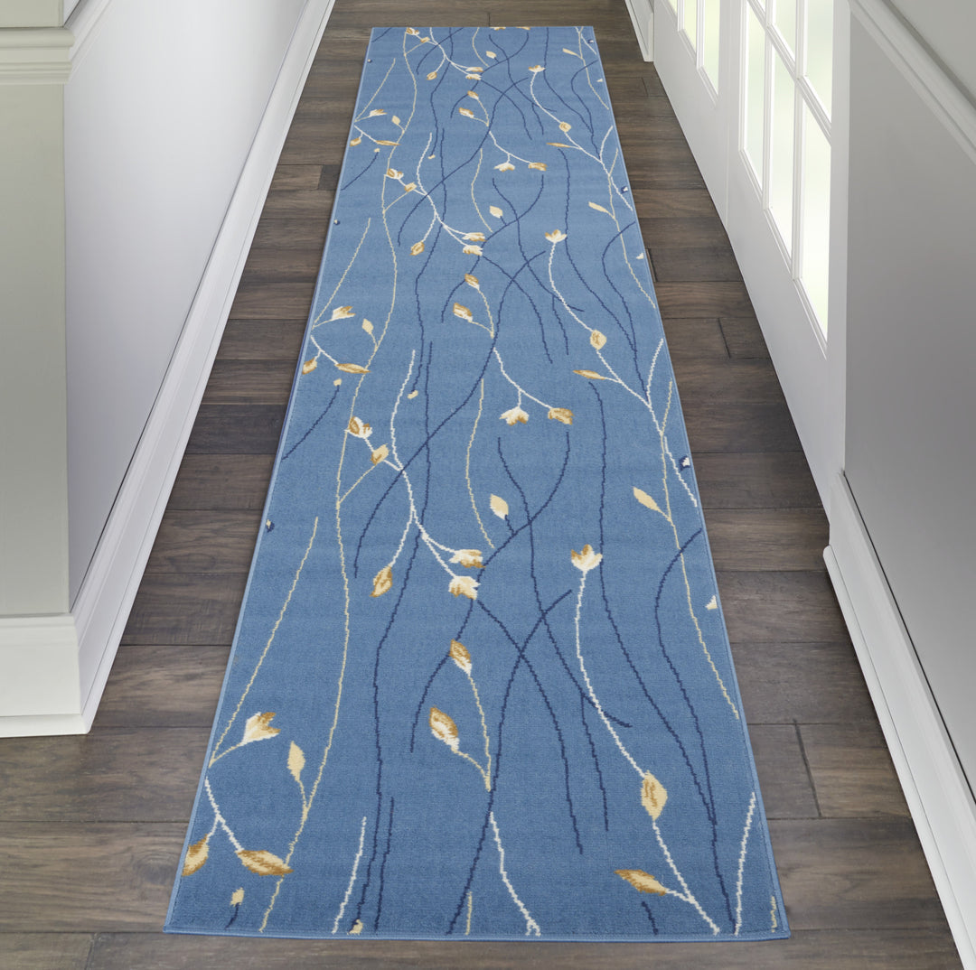 12' Runner Blue and Ivory Floral Vines Power Loom Runner Rug