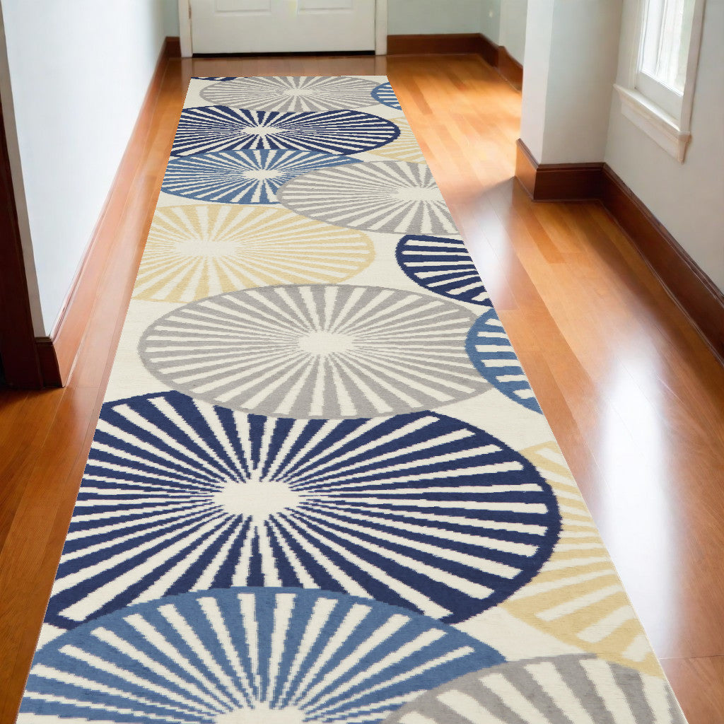 10' Runner Ivory Blue and Gray Geometric Power Loom Runner Rug