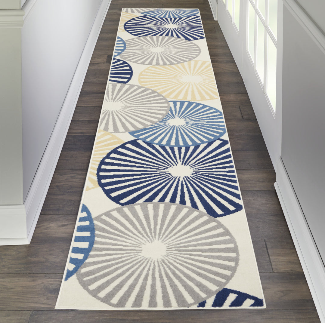 10' Runner Ivory Blue and Gray Geometric Power Loom Runner Rug