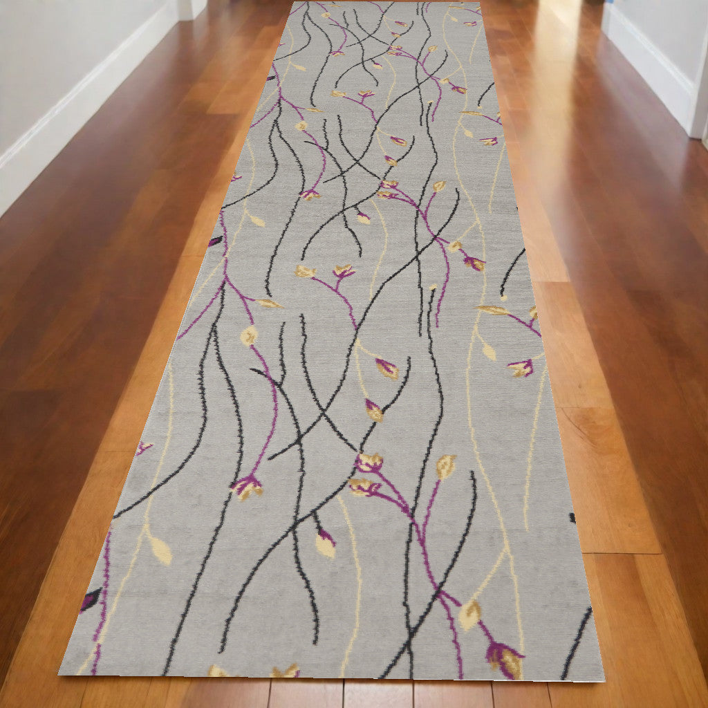 10' Runner Gray Floral Vines Power Loom Runner Rug